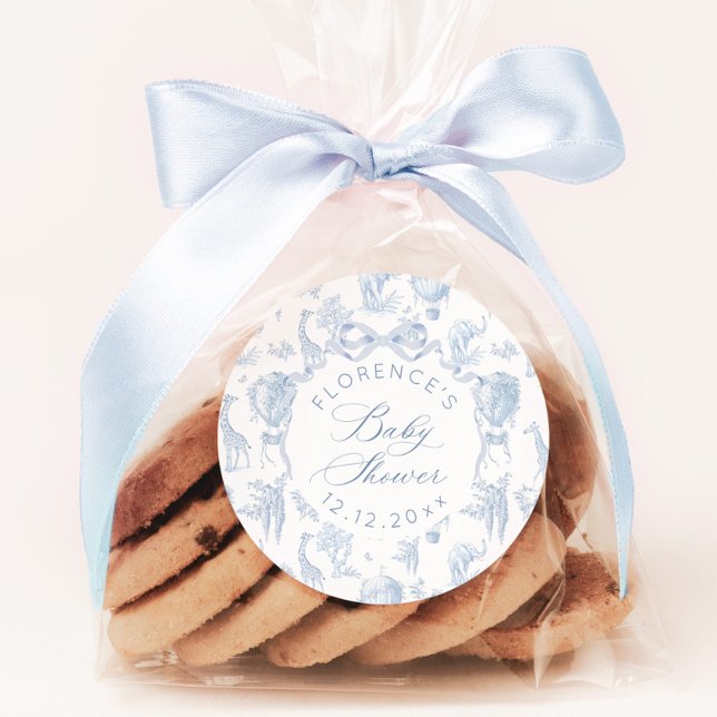 Adesivo Redondo Chá de fraldas Azul Elegante Toile de Jouy Safari (Criador carregado)