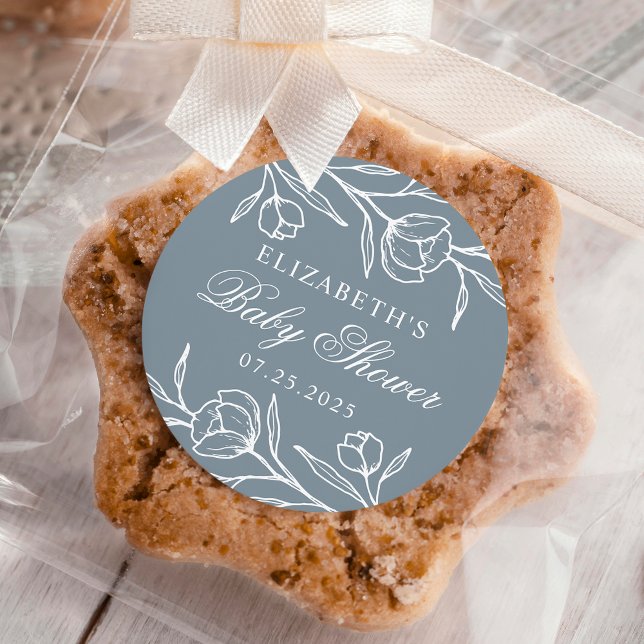 Adesivo Redondo Chá de fraldas Azul Floral Dusty com Esquema (Criador carregado)