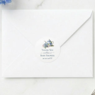 Adesivo Redondo Chá de fraldas Azul Hydrangea Tea Party Obrigado