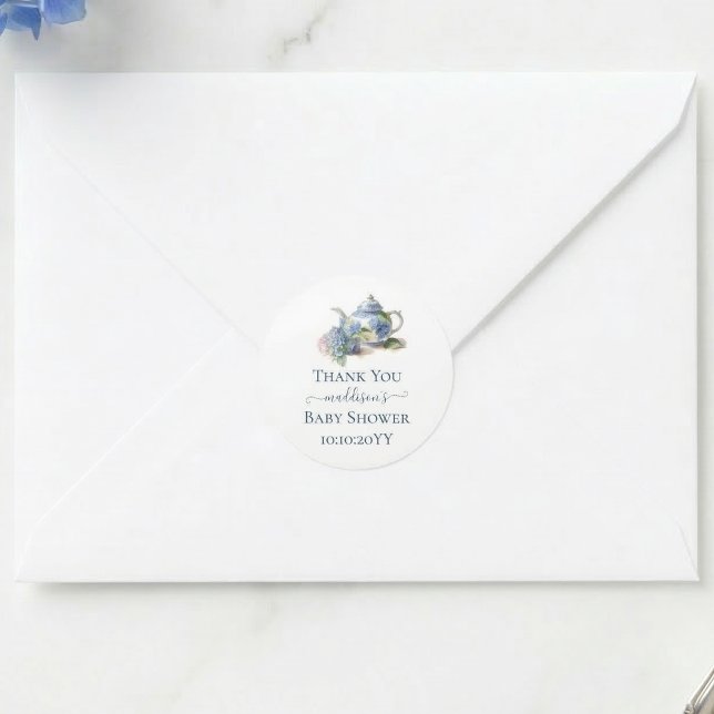 Adesivo Redondo Chá de fraldas Azul Hydrangea Tea Party Obrigado (Criador carregado)