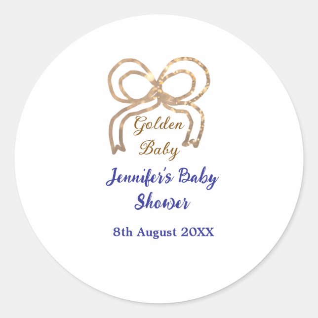 Adesivo Redondo chá de fraldas azul real arco  brilhante ouro (Frente)