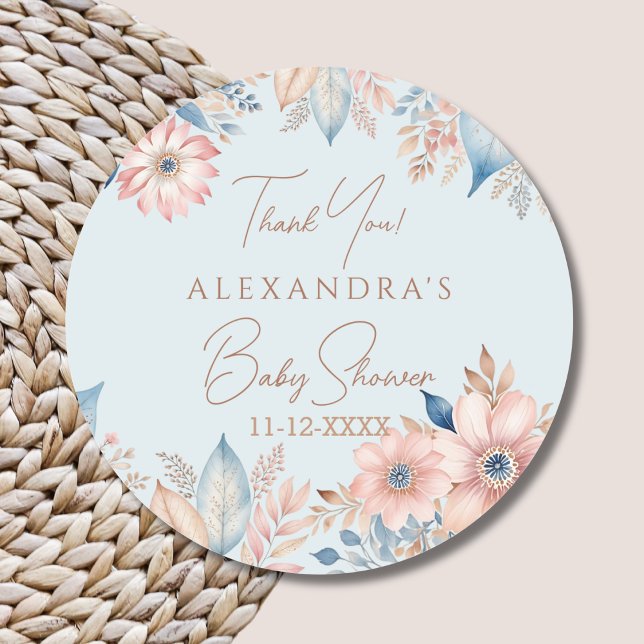 Adesivo Redondo Chá de fraldas Azul-Rosa-Floral-Chic Obrigado (Criador carregado)