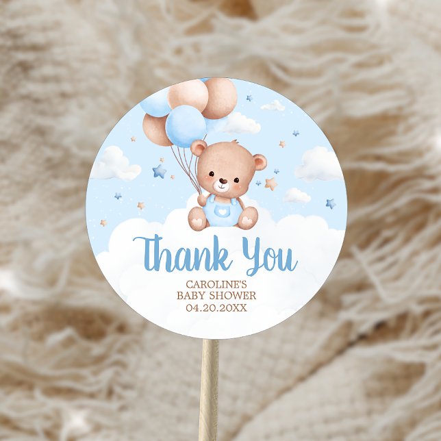 Adesivo Redondo Chá de fraldas Balão de Nuvens de Urso Azul (Blue Teddy Bear Clouds Balloon Baby Shower Sticker)
