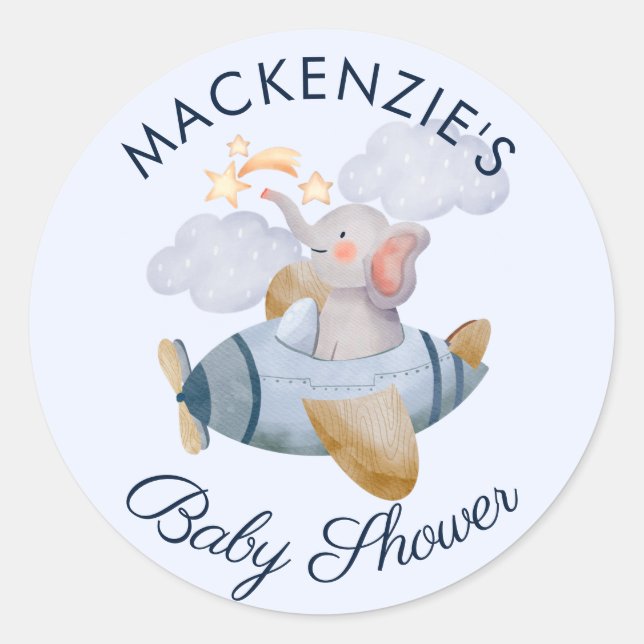 Adesivo Redondo Chá de fraldas Blue Boy's Elephant Plane Classic R (Frente)