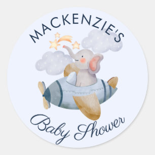 Adesivo Redondo Chá de fraldas Blue Boy's Elephant Plane Classic R