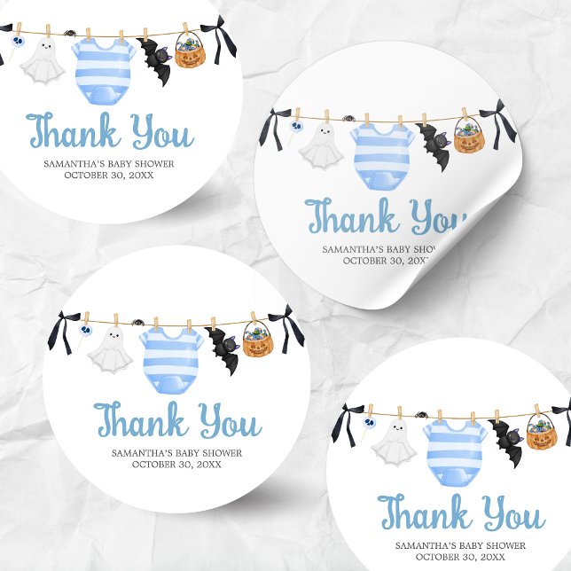 Adesivo Redondo Chá de fraldas Blue Little Boo (Boy Little Boo Halloween Clothesline Baby Shower Sticker)