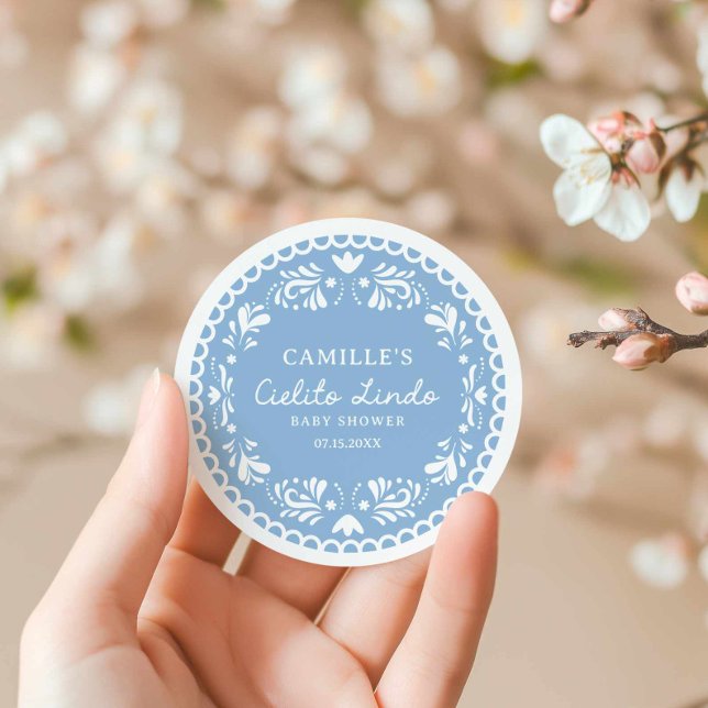 Adesivo Redondo Chá de fraldas Blue Papel Picado Boy (Blue Cielito Lindo Round Sticker)