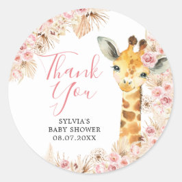 Adesivo Redondo Chá de fraldas Blush Pink Boho Giraffe Obrigado