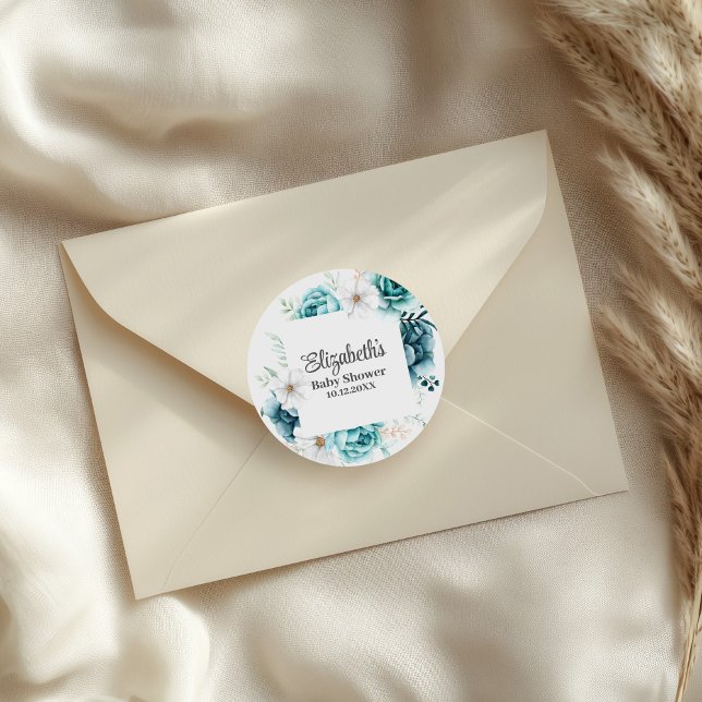Adesivo Redondo Chá de fraldas Boho Teal Wildflower (Boho Teal Wildflowers Baby Shower Classic Round Sticker on an elegant envelope.)