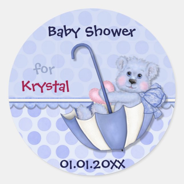 Adesivo Redondo Chá de fraldas Bolinhas azul do umbrella Bear (Frente)