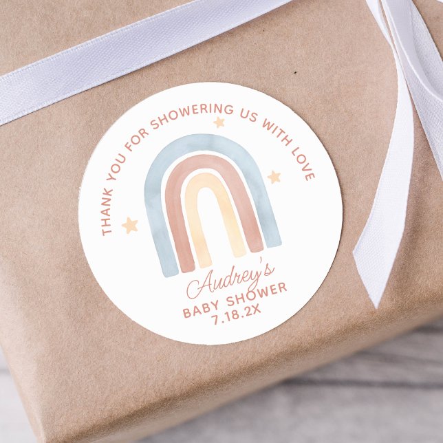Adesivo Redondo Chá de fraldas Bonito Do Arco-Íris, Obrigado (Cute Little Rainbow Boho Baby Shower Thank You Classic Round Sticker)