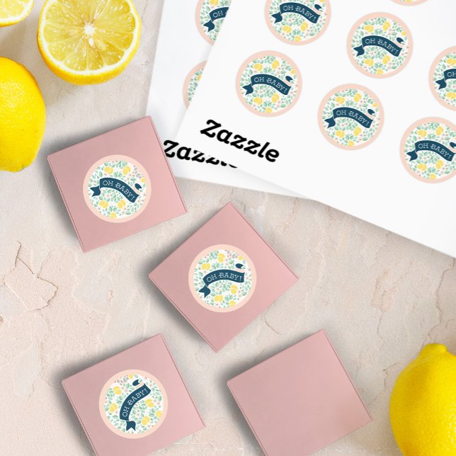 Adesivo Redondo Chá de fraldas Botânico Amarelo-limão de entreteni (Cute Lemon Yellow Botanical Bold Baby Shower favor stickers)
