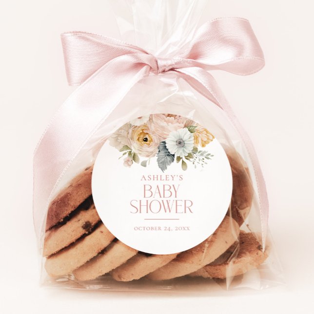 Adesivo Redondo Chá de fraldas Botânico Floral Elegante Rosa Vinta (Criador carregado)