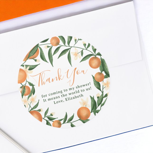 Adesivo Redondo Chá de fraldas-casaco-branca-laranja-botânica (Botanical citrus orange little cutie baby shower classic round sticker)