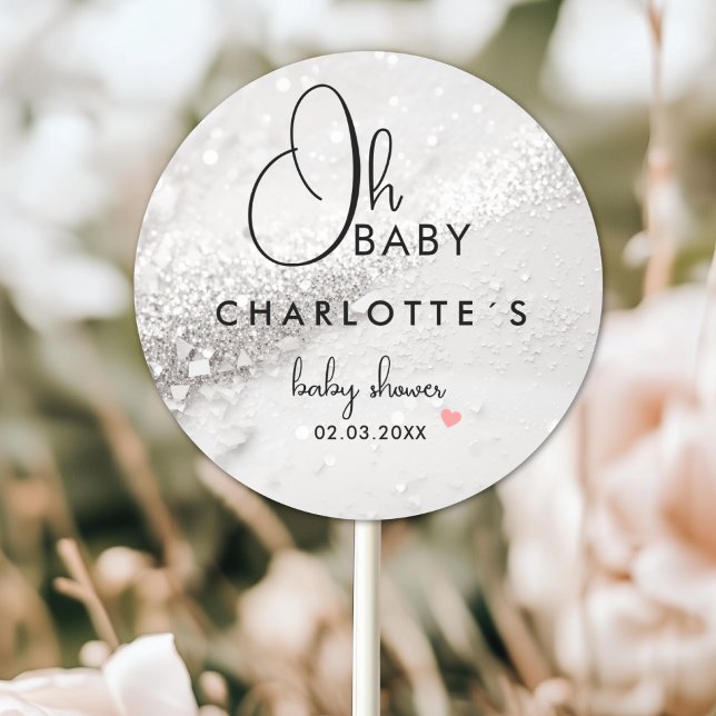 Adesivo Redondo Chá de fraldas com brilho (Glitter Baby Shower Classic Round Custom Sticker with your Name and Date.)
