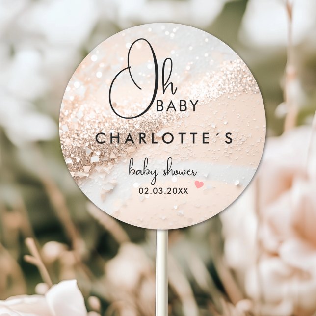 Adesivo Redondo Chá de fraldas com brilho (Glitter Baby Shower Classic Round Custom Sticker with your Name and Date.)