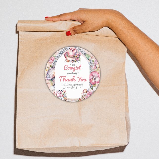 Adesivo Redondo Chá de fraldas Costeiro Rosa-Rosa-Pequena Cowgirl  (Criador carregado)