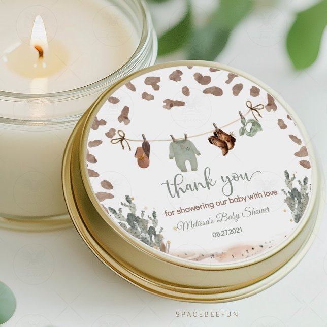 Adesivo Redondo Chá de fraldas Cowboy Ocidental (cowboy baby shower thank you sticker, western baby shower thank you, little cowboy thank you sticker)