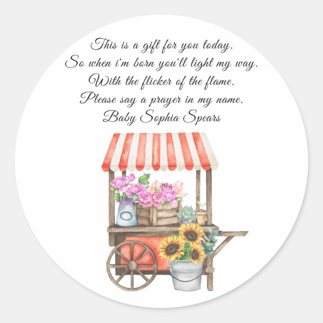 Adesivo Redondo Chá de fraldas cultivado localmente - oração (Frente)