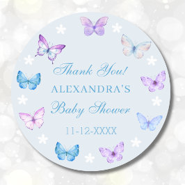 Adesivo Redondo Chá de fraldas Da Borboleta Azul Dusty - Obrigado