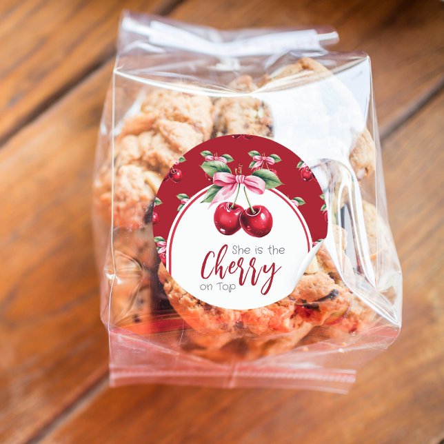 Adesivo Redondo Chá de fraldas da Cherry Red Coquette Arco Girl (Criador carregado)