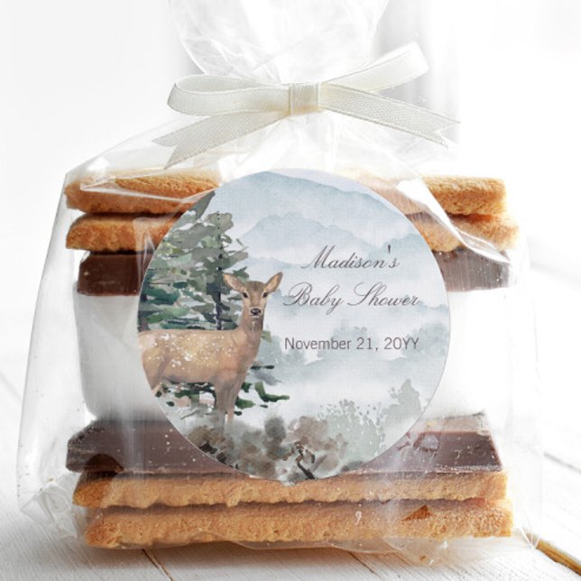 Adesivo Redondo Chá de fraldas da Floresta de Madeira de Aquarela (Watercolor Woodland Forest Doe Baby Shower Favor Sticker)