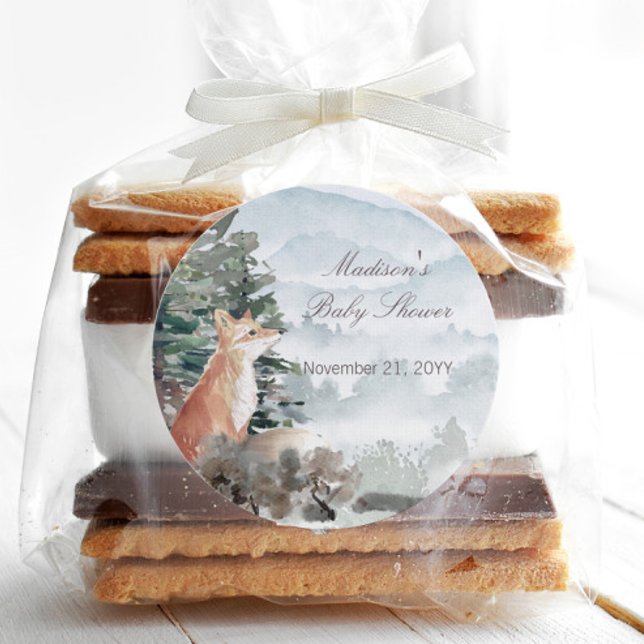 Adesivo Redondo Chá de fraldas da Floresta Florestal da Madeira (Watercolor Woodland Forest Fox Baby Shower Favor Sticker)