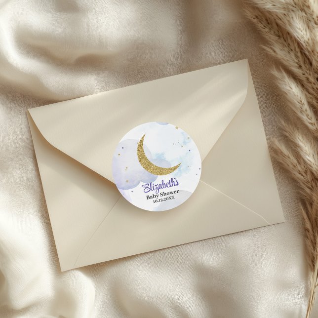 Adesivo Redondo Chá de fraldas da Lua com brilho do ouro (Golden Glitter Moon Baby Shower Classic Round Sticker on an elegant envelope)