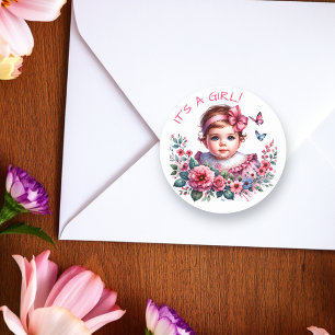 Adesivo Redondo Chá de fraldas da Vintage Baby Girl   É uma garota