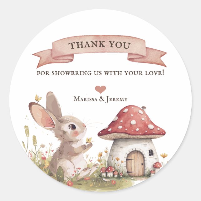 Adesivo Redondo Chá de fraldas Da Woodland Bunny Obrigado Vinheta (Frente)