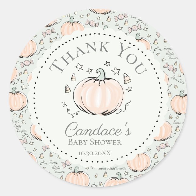 Adesivo Redondo Chá de fraldas De Abóbora Verde, Muito Obrigado (Frente)