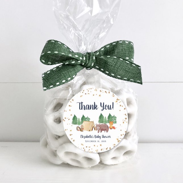 Adesivo Redondo Chá de fraldas De Animais Da Floresta Obrigado (Criador carregado)