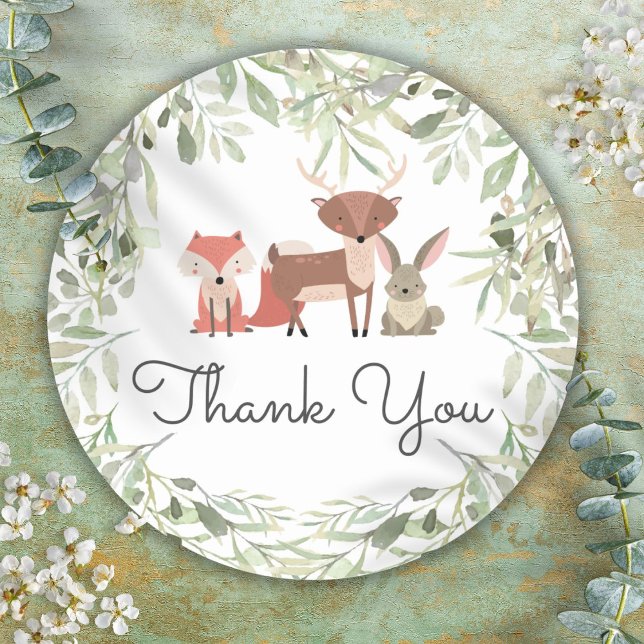 Adesivo Redondo Chá de fraldas De Animais Da Floresta Obrigado (Woodland Animals Baby Shower Thank You Classic Round Sticker)