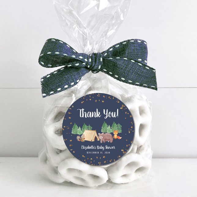 Adesivo Redondo Chá de fraldas De Animais Da Floresta Obrigado (Criador carregado)