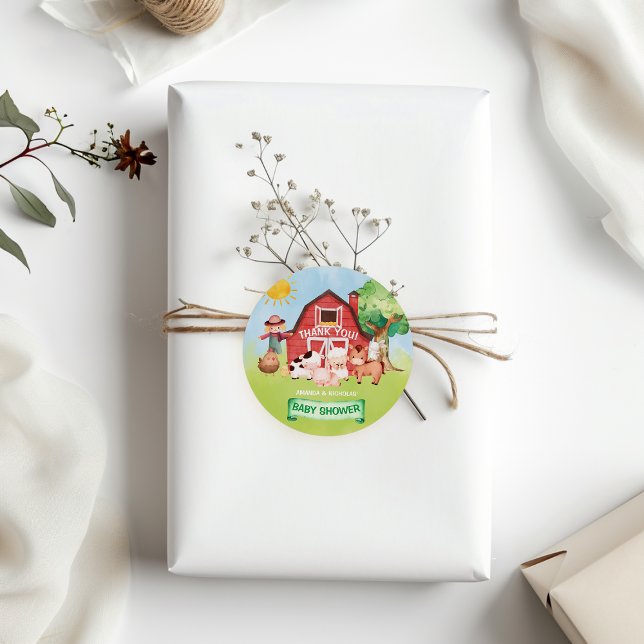 Adesivo Redondo Chá de fraldas De Animais De Fazenda Cons Obrigado (Criador carregado)