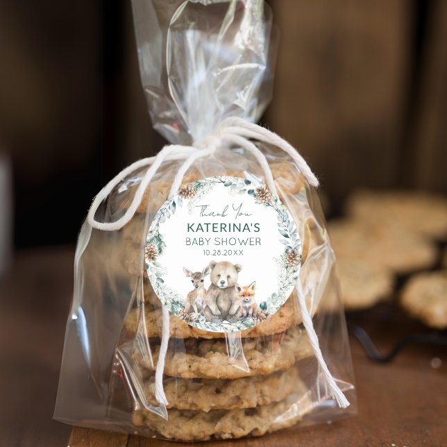 Adesivo Redondo Chá de fraldas De Animais De Floresta Cura Obrigad (Add these cute woodland animal thank you stickers to baked goods for an easy baby shower favor.)