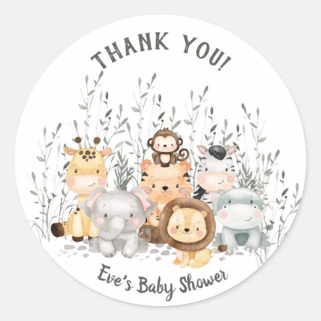 Adesivo Redondo Chá de fraldas De Animais Safari Obrigado Ronda Cl (Frente)