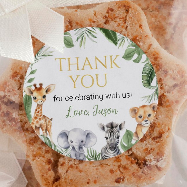 Adesivo Redondo Chá de fraldas de Aniversário de Animais Selvagens (Criador carregado)