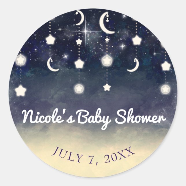 Adesivo Redondo Chá de fraldas de Aquarela Celestial com Brilho de (Frente)