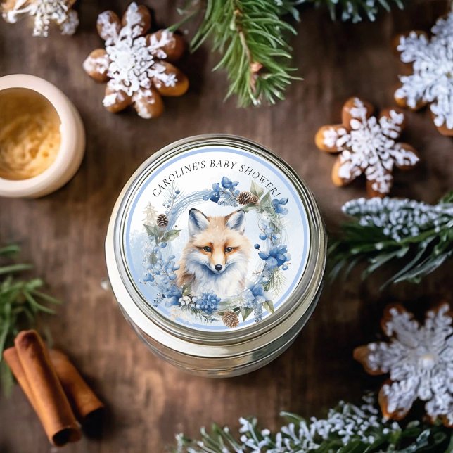 Adesivo Redondo Chá de fraldas de Aquarela da Fox de inverno (Winter Fox Watercolor Baby Shower Classic Round Sticker)