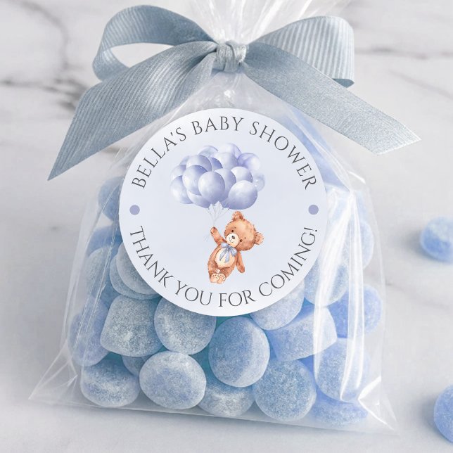 Adesivo Redondo Chá de fraldas de Aquarela de Azul-Urso Teddy (Teddy Bear Blue Balloon Watercolor Boy Baby Shower Classic Round Sticker)