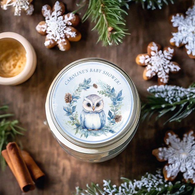 Adesivo Redondo Chá de fraldas de Aquarela de Inverno (Winter Owl Watercolor Baby Shower Classic Round Sticker)
