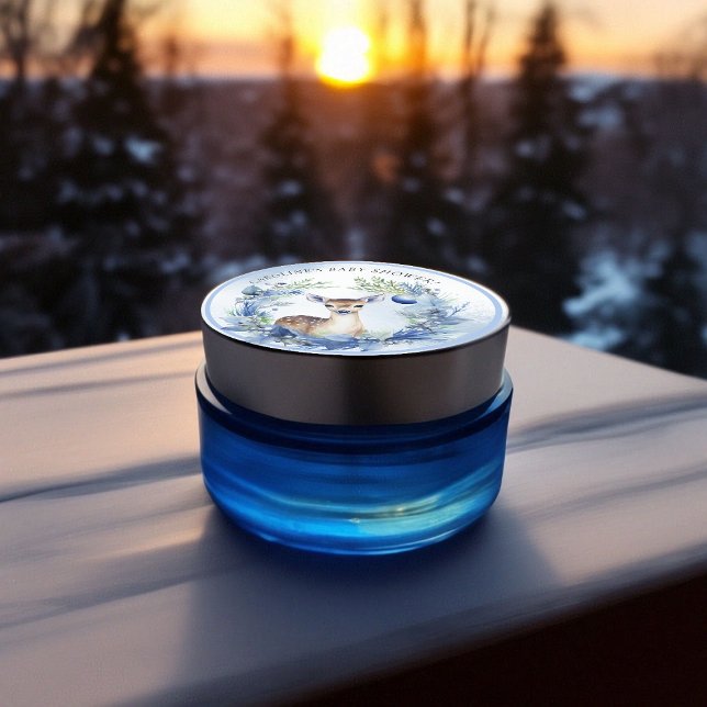 Adesivo Redondo Chá de fraldas de Aquarela de Veado Inverno (Winter Deer Watercolor Baby Shower Classic Round Sticker)