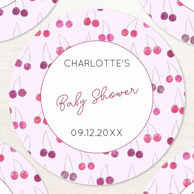 Adesivo Redondo Chá de fraldas de Aquarela Rosa Cereja Personaliza (Cute watercolor cherry pink and white pattern personalized baby shower name date stickers)