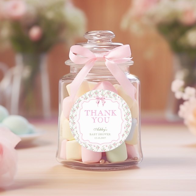 Adesivo Redondo Chá de fraldas De Arco Rosa Coquette Obrigado (Criador carregado)