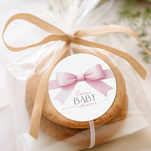 Adesivo Redondo Chá de fraldas de Arco rosa elegante (Elegant Pink Bow Coquette Girl Baby Shower Classic Round Sticker)