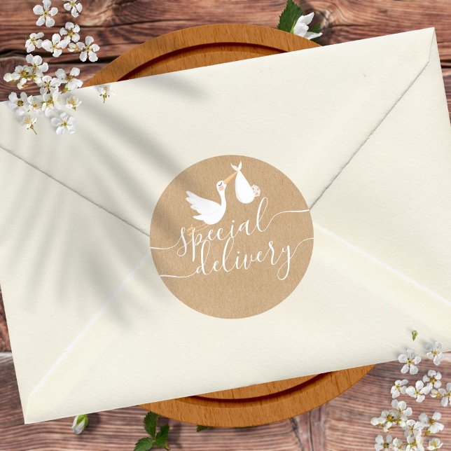 Adesivo Redondo Chá de fraldas de Armazenamento de Entrega Especia (Special Delivery Stork Baby Shower Classic Round Sticker)