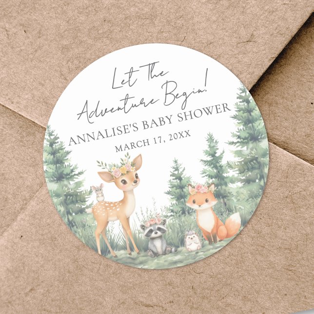 Adesivo Redondo Chá de fraldas de Aventura de Animais da Floresta  (Woodland Forest Animals Adventure Baby Shower Classic Round Sticker)
