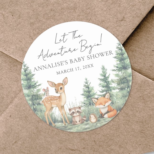 Adesivo Redondo Chá de fraldas de Aventura de Animais da Floresta  (Woodland Forest Animals Adventure Baby Shower Classic Round Sticker )