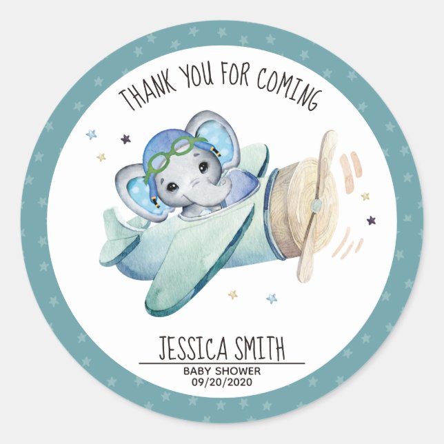 Adesivo Redondo Chá de fraldas de avião de elefante com aquarela (Frente)